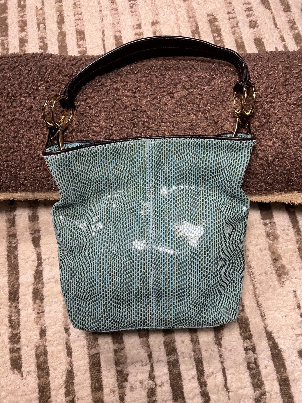 Jean Pierre Klifa Bucket Shoulder Bag MagneticClose Teal Lizard Embossed Leather